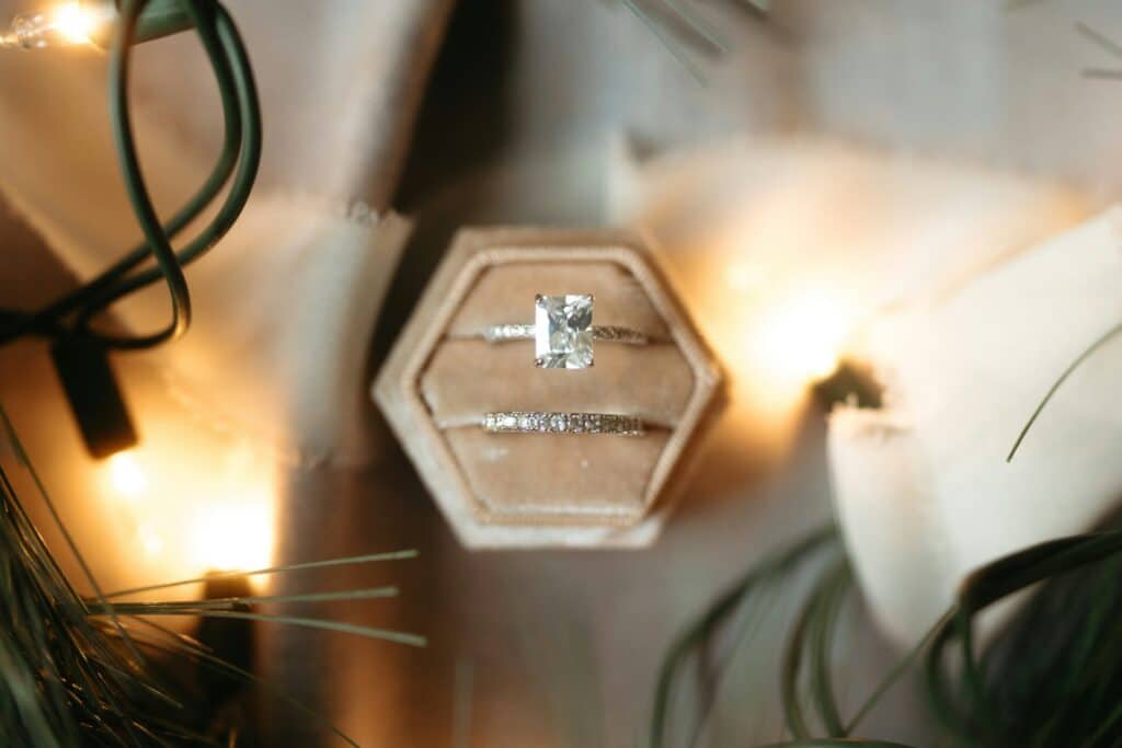 engagement rings in box with soft lighting 