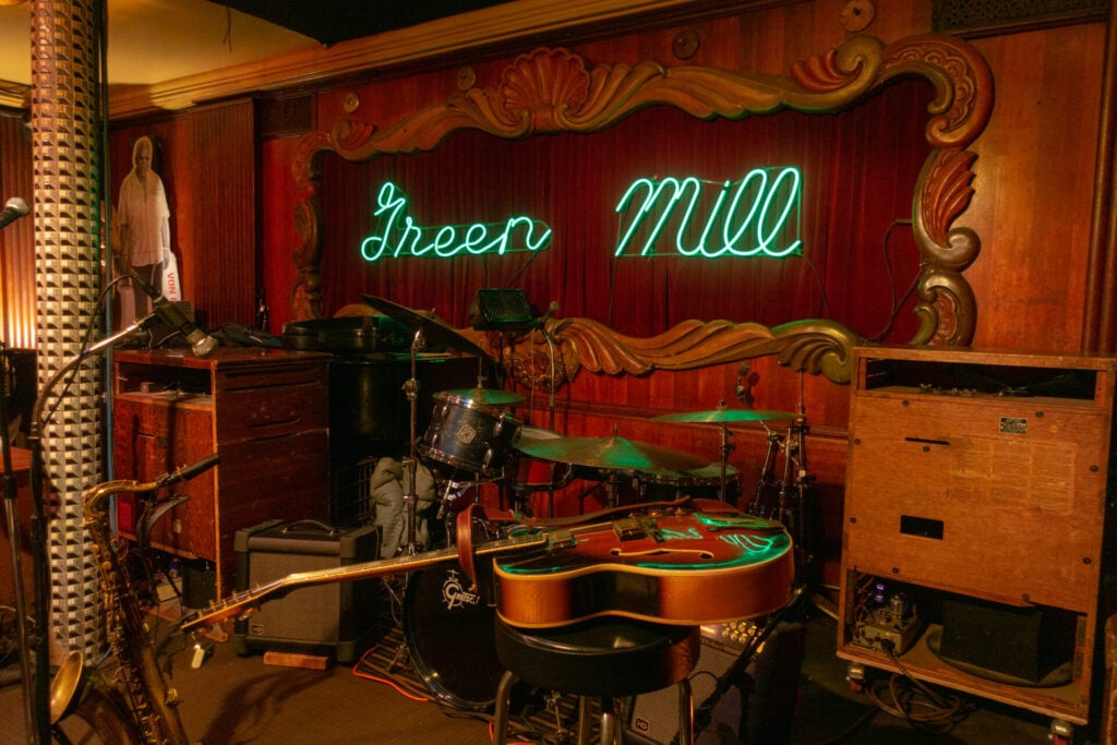 A stage with musical instruments in the Green Mill