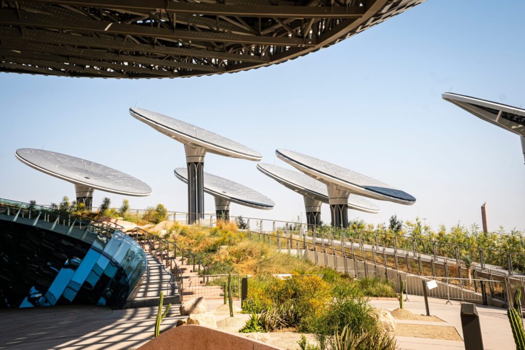 large solar panels on the background of the sky in sunlight. The concept of green energy in the future. alternative energy sources at Terra Expo City Dubai