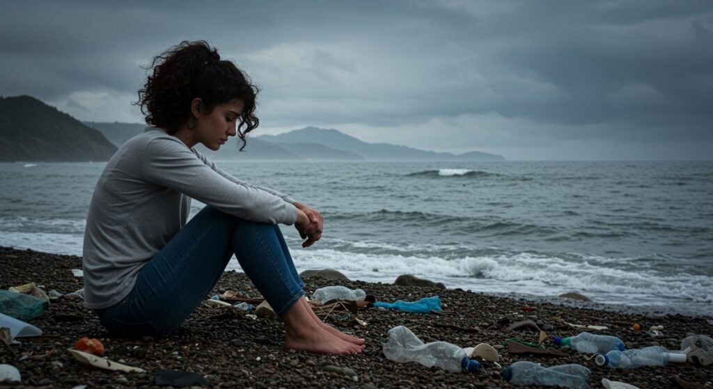 woman on beach surrounded by trash with climate anxiety