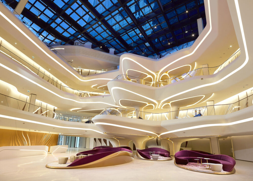 Inside the Melia hotel Dubai with bright lights and modern architecture 