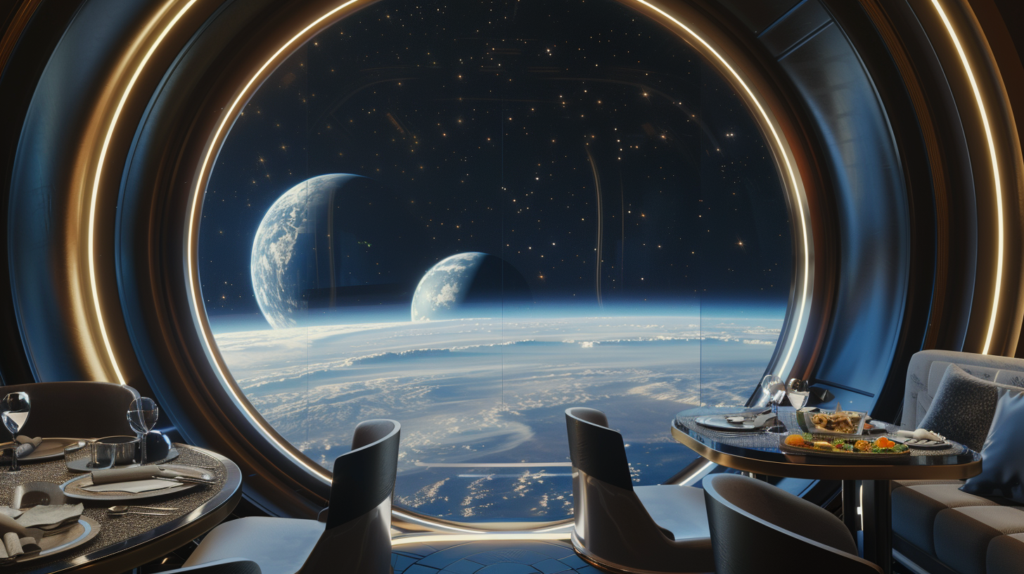 futuristic hotel restaurant setting in space could be travel of 2125 