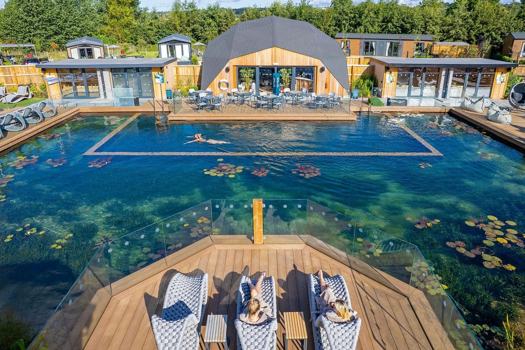 natural lake pool with lily pads 