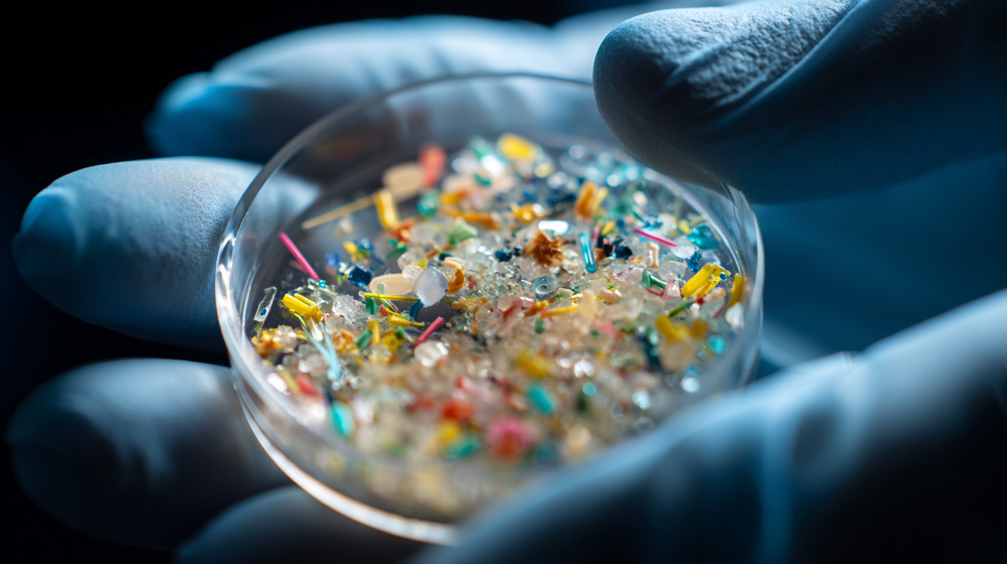 scientist examining microplastics and nanoplastics in the palm of their hand, tiny coloured plastic fragments, synthetic fibres,