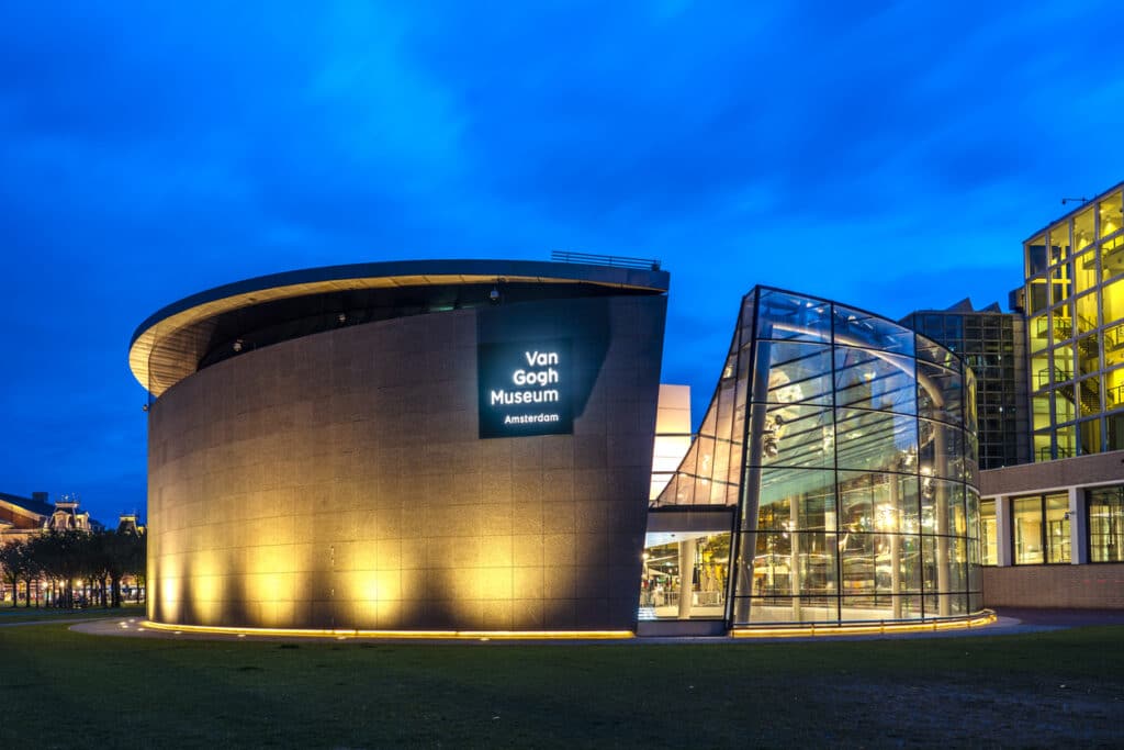 Amsterdam, Netherlands - August 4, 2022: The Van Gogh Museum in Amsterdam, Netherlands at night.