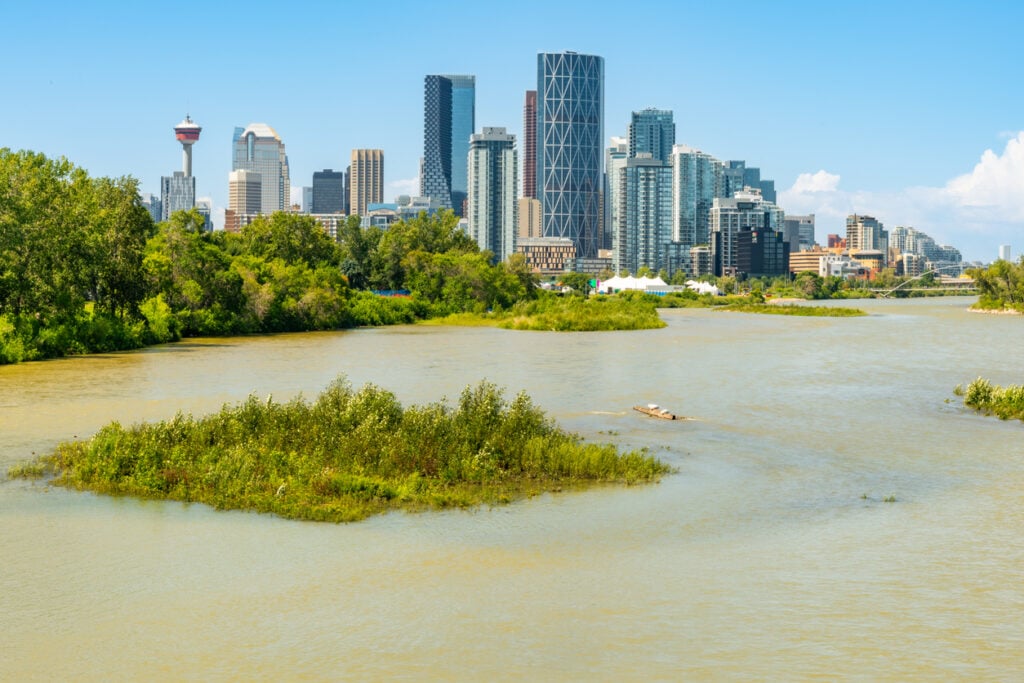 Downtown Calgary and the Bow River in Canada after heavy rain