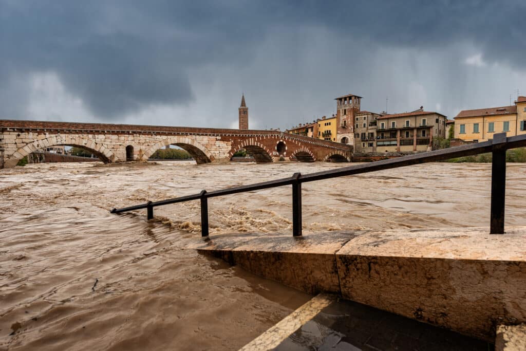 UNESCO world heritage site, Veneto, Italy, Europe wirth flooding under the ponte pietra