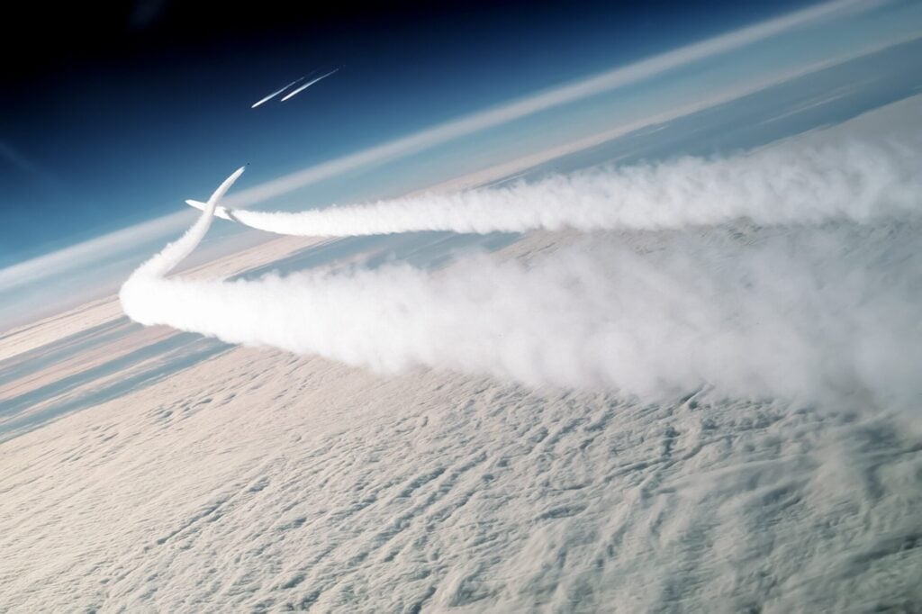 Two Soviet MiG-29 aircraft en route to an air show in British Columbia are intercepted by F-15 Eagle aircraft of the 21st Tactical Fighter Wing.
