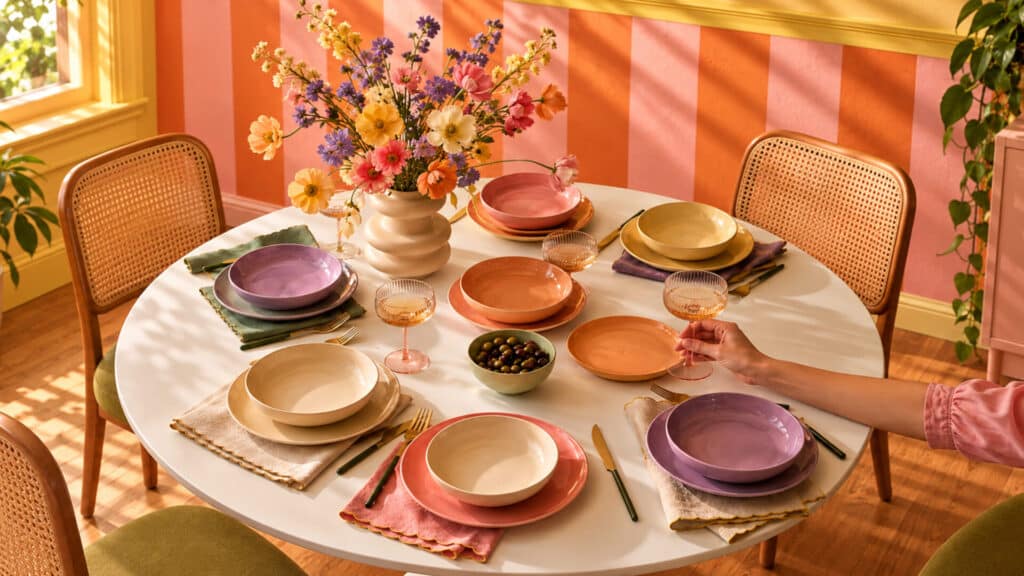 beautiful table shit with plates in pastel colours 