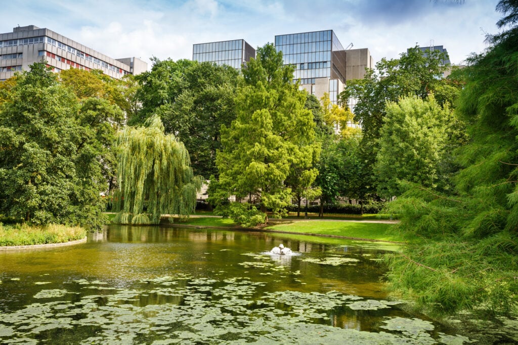 Leopold park with pond, trees and buildings in Brussels, Belgium depicting green infrastructure