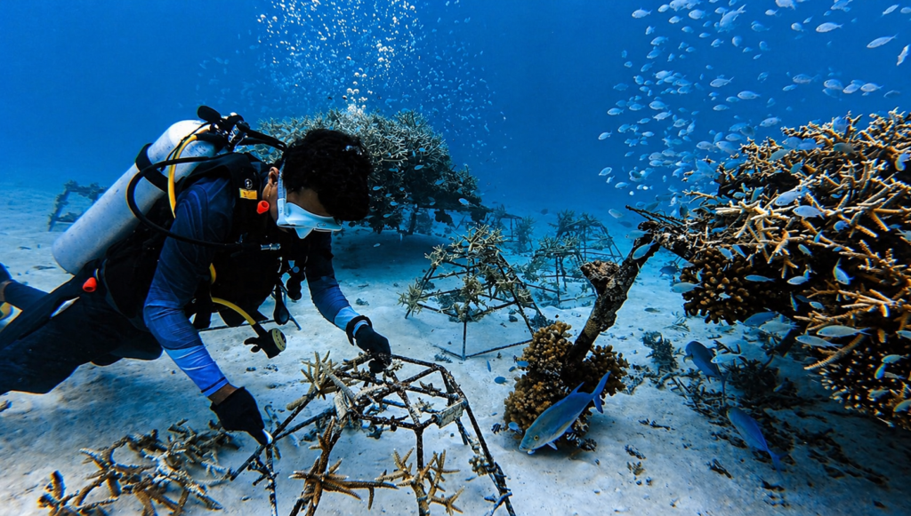 Mohd Ridhwan tends corals in Huvafen Fushi’s nursery before they are transplanted onto the island’s coral reef.