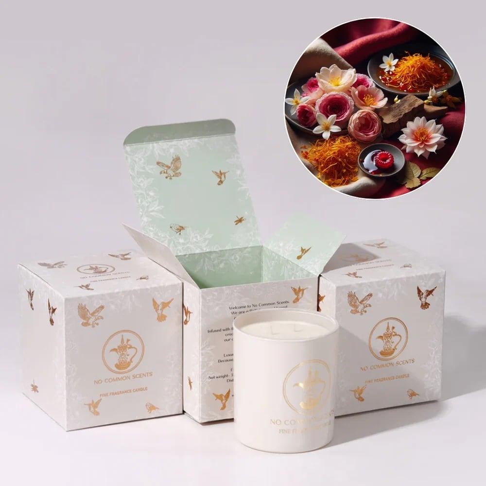 boxes of scented candles with diwali inspired ingredients