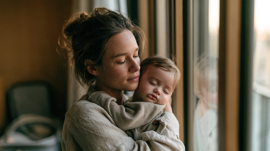 baby sleeping on mum's shoulder in hotel room, with jet lag 