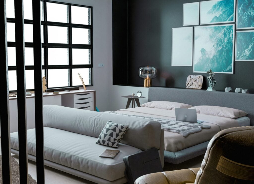 cool bedroom in grey and blue